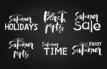Fototapeta na wymiar set of vector handwritten lettering Summer Time, holidays, enjoy summer, beach party, summer party, sale. White isolated inscriptions on black chalk board background for banner, sticker, label, card.