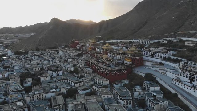 city of Gyandze and ancient fort Pelkhor Chode in the Central Tibet. Sacred place for Buddha pupils making piligrimage in Asia.(aerial photography)
