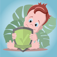 a child with blue eyes sits and holds a shield in his hands. text on shield «protected»