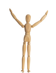 Wooden Mannequin with Arms Up Isolated on White Background
