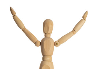 Wooden Mannequin with Arms Up Isolated on White Background