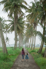 Fototapeta na wymiar mom and kid in beautiful coconut country road in the morning