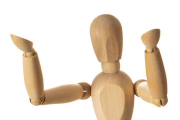 Wooden Mannequin with Arms Up Isolated on White Background