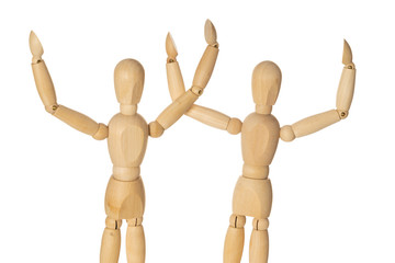 Two Wooden Mannequin Hands Up as Winners. Isolated White Background.