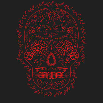 Skull of flowers red on a black background design element vector image