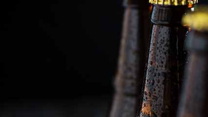 Group of glass beer bottles on dark background with copyspace