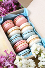 Assorted traditional french macarons sweets of different color and taste, two rows in present box with lilac flowerings decoration. Background, close up, copy space, top view.