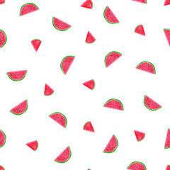 Seamless pattern of watermelon piecies on white background. Watercolor pattern for printing on paper, textile, fabric.
