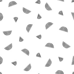 Seamless pattern of black and white watermelon piecies on white background. Watercolor pattern for printing on paper, textile, fabric.