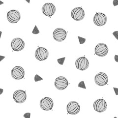 Seamless pattern of black and white watermelon and piecies of watermelon on white background. Watercolor pattern for printing on paper, textile, fabric.