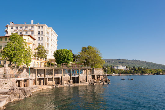 view from the lungomare to an luxurious hotel in Lovran Istria