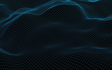Abstract landscape on a dark background. Cyberspace navy blue grid. hi tech network. 3D illustration