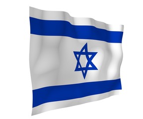 The flag of Israel. State symbol of the State of Israel. A blue Star of David between two horizontal blue stripes on a white field. 3d illustration