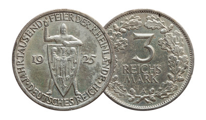 Germany German silver coin 3 three mark Rhineland celebration Weimar Republic