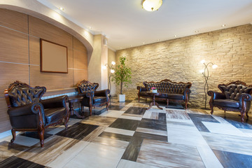 Interior of a hotel lounge with leather furniture