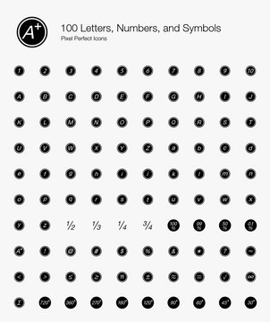 100 Letters, Numbers, and Symbols Pixel Perfect Icons (Filled Style). Vector icons of basic text, alphabet, and numbering in circle.