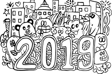 Vector illustration hand drawn of cute doodle bring 2019 number
