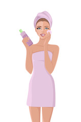 Skin care woman template in bath towel. Vector illustration of female applying cosmetic products on her face. Isolated on white.