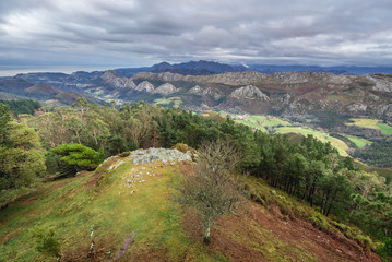 Fototapeta na wymiar View from Fito outlook platform in Sierra del Sueve mountains, part of Cantabrian Mountains in Spain