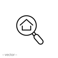 house under magnifying glass icon, line sign on white background - editable stroke vector illustration eps10