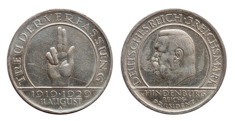 Germany German silver coin 3 three mark swore hand 1929 Weimar Republic