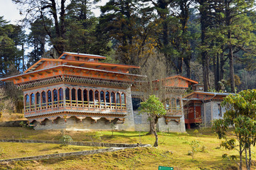 a monastery near The 108 memorial chortens or stupas known as Druk Wangyal Chortens at the Dochula pass, Bhutan.