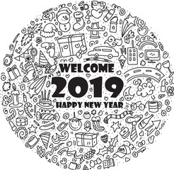 Vector illustration hand drawn of cute doodle 2019 year