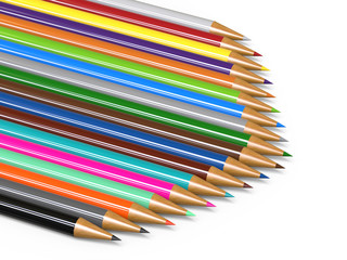 Collection of coloured pencils, crayons and drawing colour pencils on isolated white background, 3d illustration