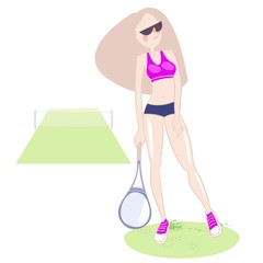 Athlete girl, with perfect body shapes, on tennis courts, in sports uniform, drawn in a cartoon, stylized manner, in her hand a tennis racket, vector image