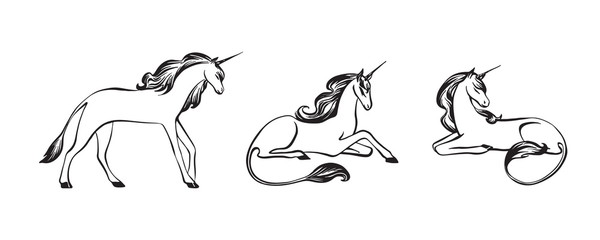 Hand drawn unicorn set outline sketch. Vector magic black ink drawing isolated on white background. Graphic illustration