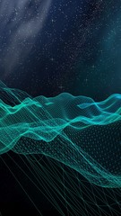 Abstract landscape on a dark background. Cyberspace grid. hi tech network. Outer space. Vertical orientation. Starry outer space texture. 3D illustration