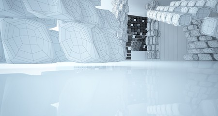 Abstract drawing white parametric interior multilevel public space with window. 3D illustration and rendering.