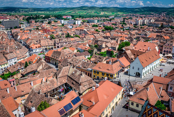Fototapeta na wymiar Old Town of Sibiu city seen from cathedral bell tower, Romania
