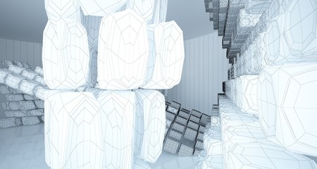 Fototapeta na wymiar Abstract drawing white parametric interior multilevel public space with window. 3D illustration and rendering.