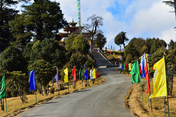 Road and stairs decorated with colored flags to Druk Wangyel Monastery from Dochala pass , Bhutan