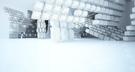 Abstract drawing white parametric interior multilevel public space with window. 3D illustration and rendering.
