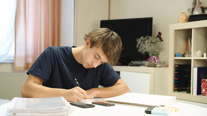 Schoolboy writing homework at home