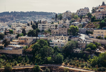 Aerial view of houses on one of the hills close to the Old Town of Jerusalem, Israel