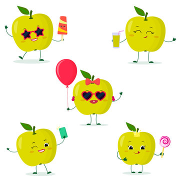 A set of five Kawaii cute green apple fruit in cartoon style. In glasses with ice cream, with a balloon, with a lollipop, with juice, with a selfie phone. Flat, Vector illustration