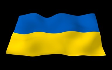The flag of Ukraine on a dark background. National flag and state ensign. Blue and yellow bicolour. 3D illustration waving flag
