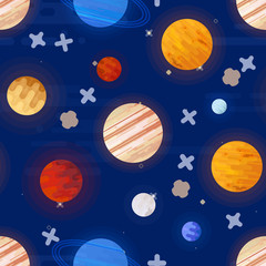 Space print. Seamless vector pattern. Different colored planets of the Solar system and stars.