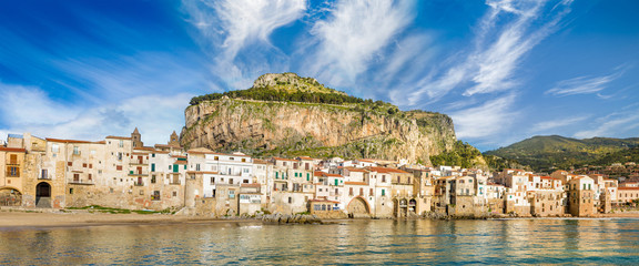 Panorama of Cefalu, city on Tyrrhenian coast of Sicily, Italy