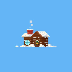 Pixel cabin with snow,Christmas.8bit.