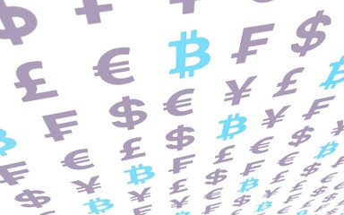 Bitcoin and currency on a white background. Digital crypto currency symbol. Business concept. Market Display. 3D illustration
