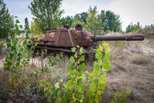 Old Russian self-propelled gun in Chernobyl Exclusion Zone, Ukraine