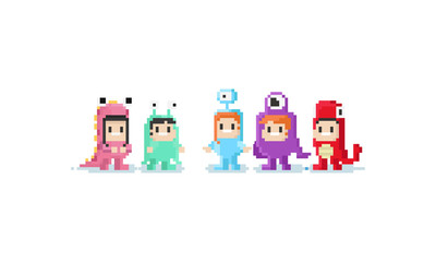 Fototapeta premium Pixel children in monster costume.8bit character.
