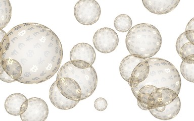 Bitcoin economic financial bubble. crypto currency 3D illustration. Business concept. Gold bubbles on white background. Bit, Coin, mining concept