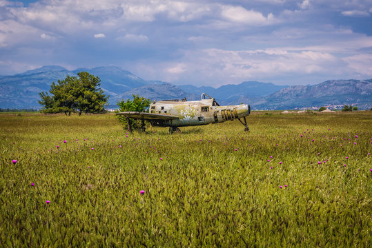 Wreckage of Mig 15 plane on a meadow next to Podgorica Airport, Montenegro