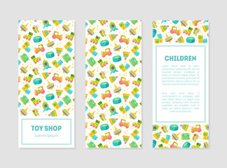Toy Shop Banner Templates with Cute Baby Toys Pattern and Place for Text, Design Element Can Be Used for Card, Label, Invitation, Certificate, Flyer, Coupon Vector Illustration