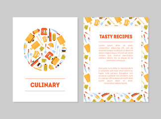 Culinary, Tasty Recipes Banner Templates Set, Cards with Place for Text and Kitchen Utensils for Food Preparation, Label, Branding Identity, Certificate, Flyer Vector Illustration
